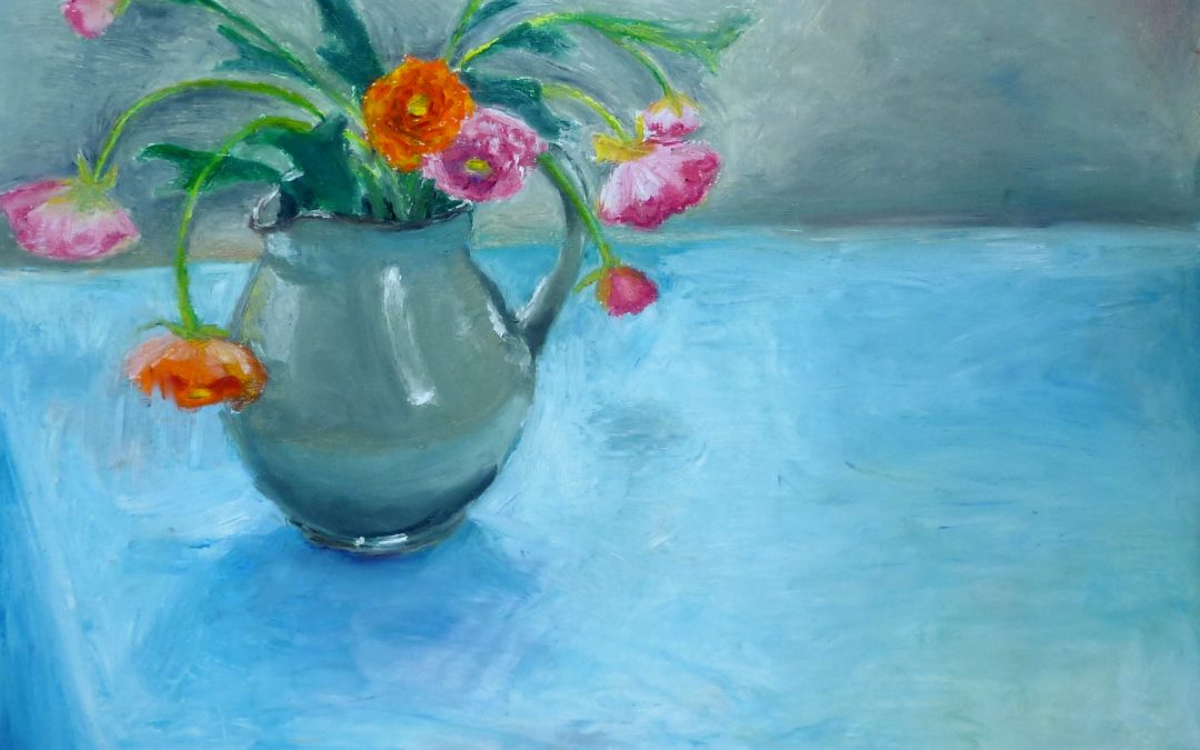 Grey Vase on Blue Tablecloth